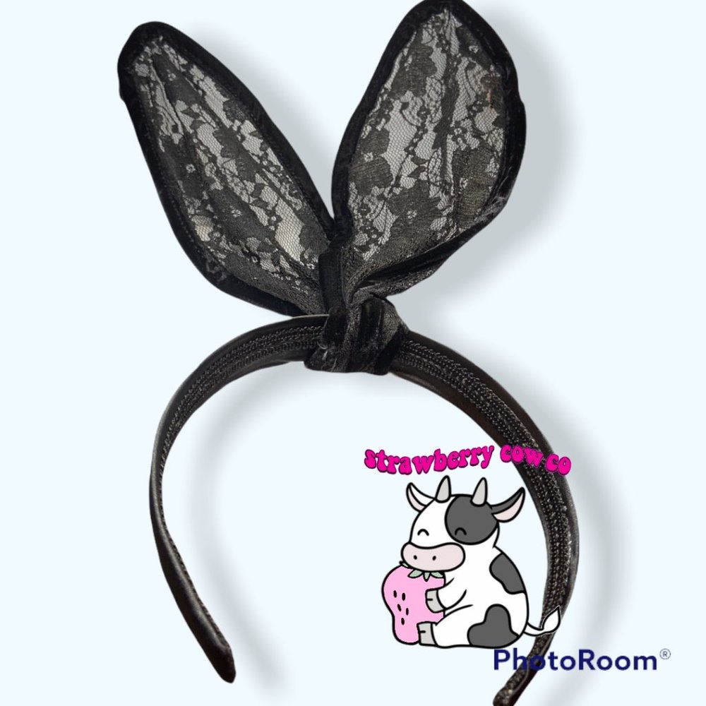 Lace Bunny Rabbit Ears Headband Black for Halloween Costume Party